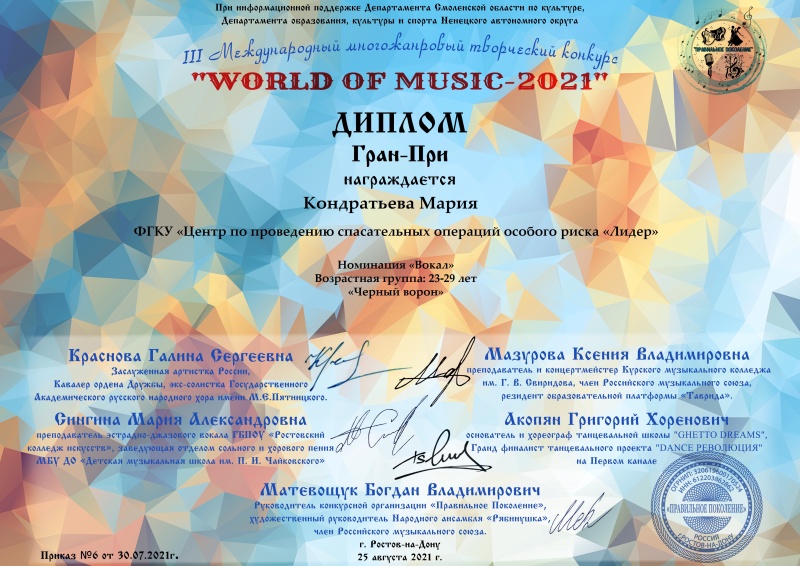 Мария Кондратьева стала обладательницей Гран-при творческого конкурса «WORLD OF MUSIC - 2021»